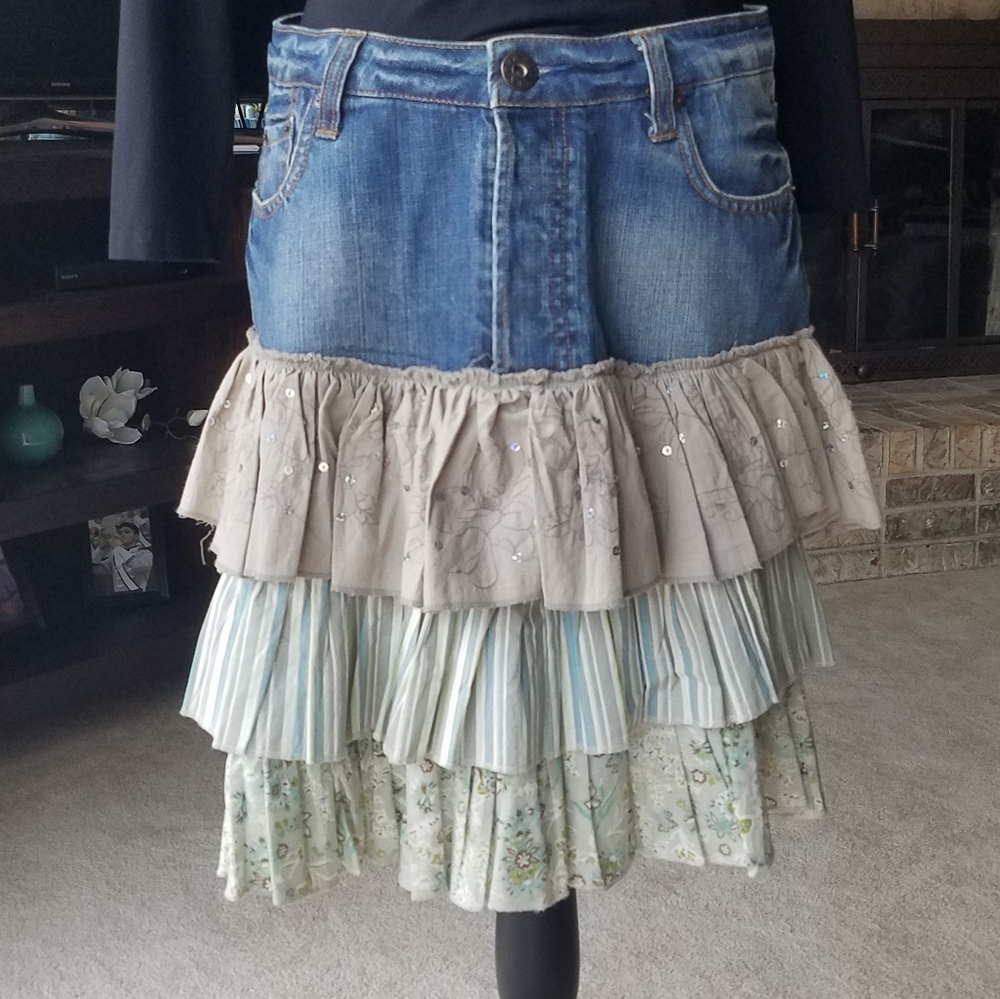 Denim button-up 3 Tiered Ruffle Skirt in Blue and Cream